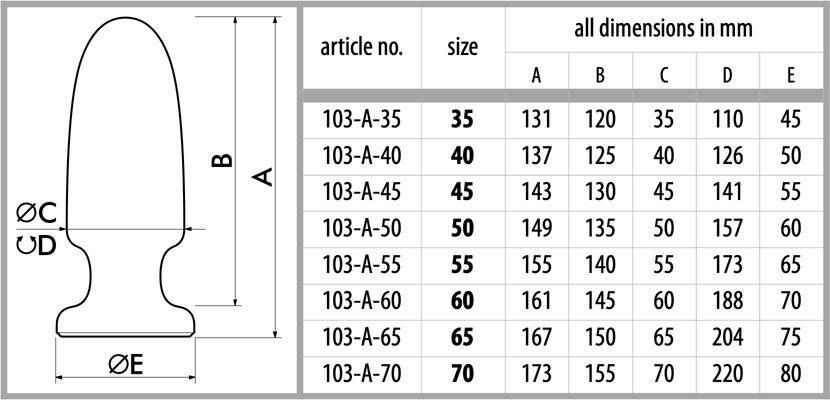 size chart for anal plug melanzani